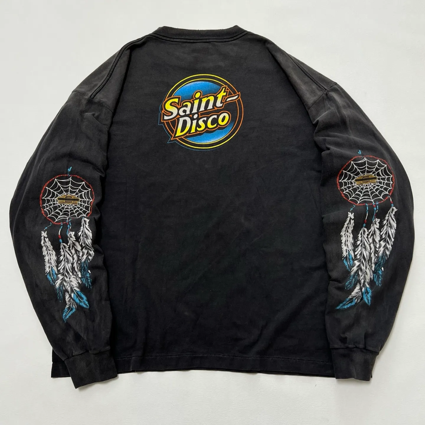 SAINT Mxxxxxx x TEFLON DISCO SAINT DISCO ML_LS TEE/BLK Eagle Feather Spider Web Distressed Long Sleeve S-XL Ready-to-wear Assute dyeing, water spray fading treatment, customized TEFLON DISCO co-branded accessories, hand-splashed ink, wormhole fraying treatment, genuine level printing process